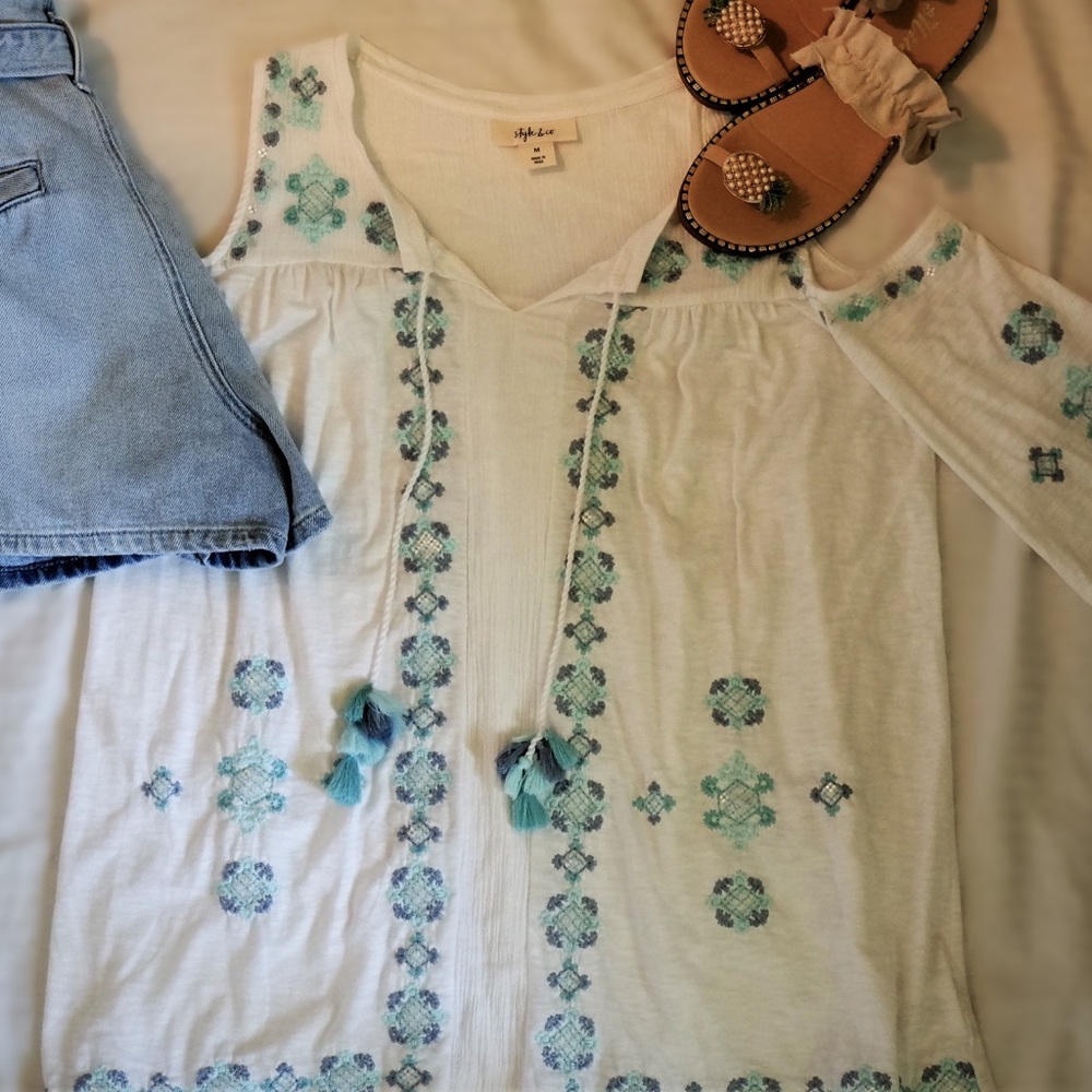Style & Co- Embroidered Cold-Shoulder Blouse